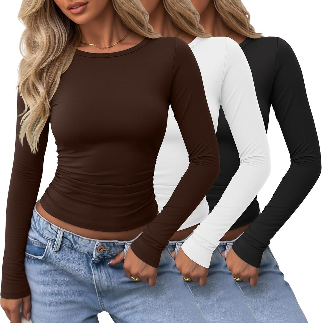 Locoowai 3 Pack Women's Long Sleeve Shirts Crewneck Going Out Basic Tops Tight Slim Fit Side Ruched Crop Tees Y2k Outfits