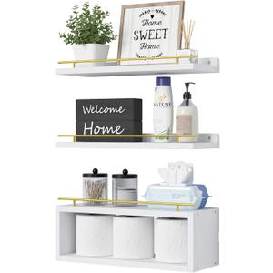 WOPITUES Floating Shelves for Wall with Cube Shelf, Wall Shelves with Metal Rail for Decor, Bathroom Organizers and Storage, Over Toilet Shelves for Bathroom, Toilet Paper-White&Gold (15.7 inch)