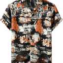 PARKLEES Men's Cotton Linen Vintage Pattern Printed Old Style Shirt Casual Short Sleeve Button Down Retro Shirts (X-Large, Black Orange)