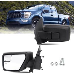 LH Door Mirror 5-Pins Compatible With 2021-2023 Ford F-150 5Pins Driver Left Side Textured Cover Manual Folding W/o Turn Signal Light & BLIS (Blind Spot Light) ML34 17683, ML34 17682, Without BLIS