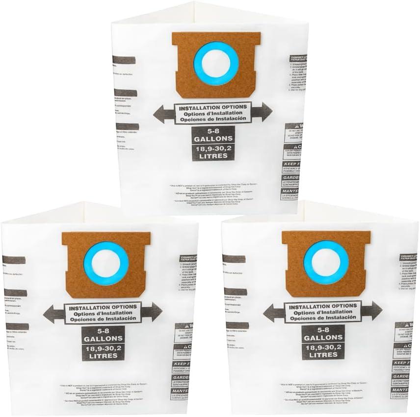 Replacement Filter Bags 5-8 Gallon for Shop Vac Vacuum, Type E 90661 9066133, Type H 90671 9067133; VF2004, VHBS VDBS, Disposable Wet Dry Vacuum Collection Bags for 5-8 Gallon Vacuum, 3 PCS