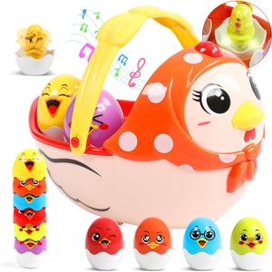 Easter Basket Easter Eggs Music Toys for Kids Month 18+, Plastic Easter Eggs Easter Basket Stuffers for Toddler, Moving Hen Filled with 6 Eggs Party Favors for Easter Hunt