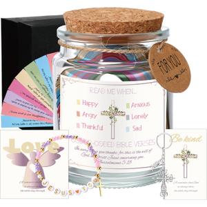 Kenning 3 Pcs Father's Day Christian Gifts, Bible Verse Jar Inspirational Prayer Jar with Scriptures 129 Pcs Verses Bible Card, Cross Bracelet, Keychain for woman man(Be Kind)