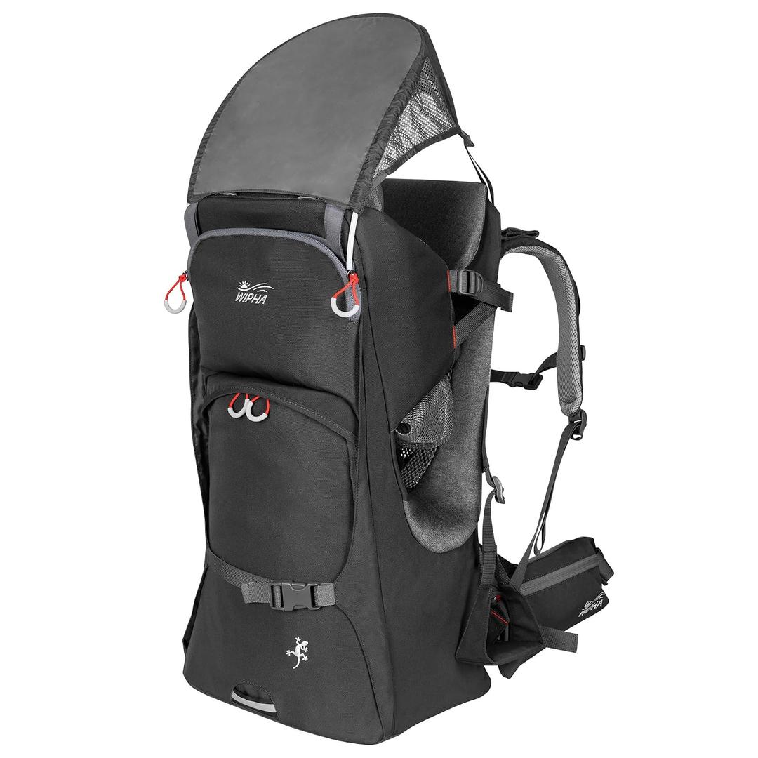 WIPHA Baby Backpack Carrier - Ergonomic Child Carrier Hiking with Sun Canopy, Safe Toddler Hiking Backpack Carrier with Large Storage Space&Insulated Pocket, Adjustable Padded Child Seat, Black