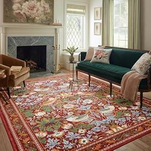 Strawberry Thief Area Rug Rust Red, Ultra Thin 5x7 Washable Rug, Modern Abstract Art Living Room Rug, Boho Rustic Vintage Floral Botanical Rug Carpet for Bedroom Kitchen Dining Room Entryway Dorm