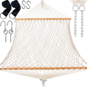Gafete 13FT Hammocks 59" Width with Tree Straps, Traditional Hand-Woven Double Rope Hammock with Free Chains and Hooks, Hardwood Spreader Bar for 2 Person, Outdoor, Patio, Indoor, Max 450Lbs (Natural)