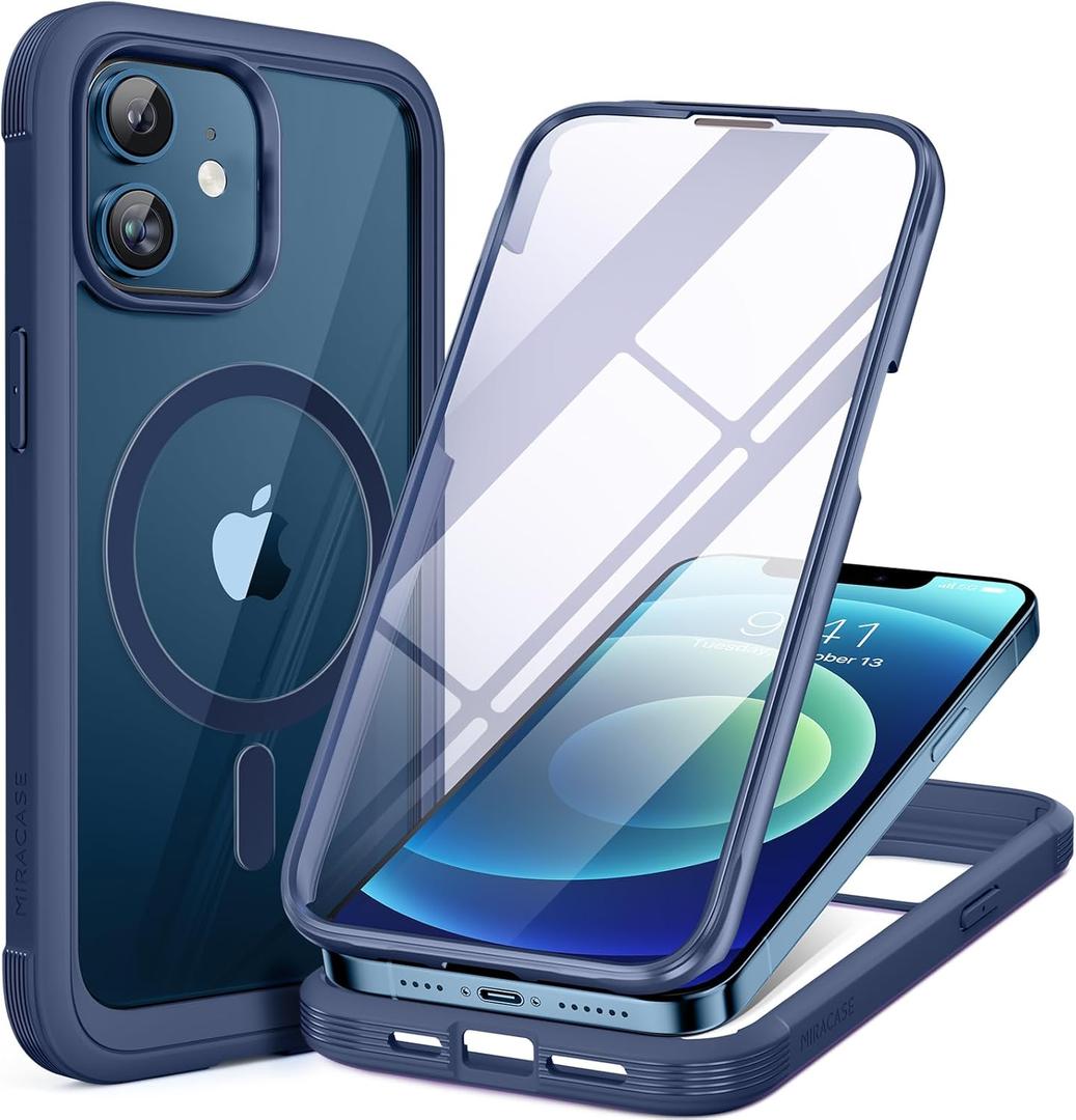 Miracase Glass Series Designed for iPhone 12/12 Pro 6.1 Inch, Upgrade Full-Body Magnetic Case with Built-in 9H Tempered Glass Screen Protector, with Camera Lens Protector, Magnetic Blue