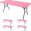 Fitted Tablecloth for 8 Foot Rectangle Tables-4 Pack Pink Elastic Outdoor Picnic Table Cover-Spandex Stretch Folding Table Cloths 8ft for Camping Dining Room Patio Kitchen Banquet Party, 30'' x 96'' | 4 Pack