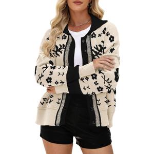 yoeasy Womens Floral Cardigan Sweater Color Block Open Front Long Sleeve Button Down Knit Loose Short Cardigan Sweaters (Blue, XS)