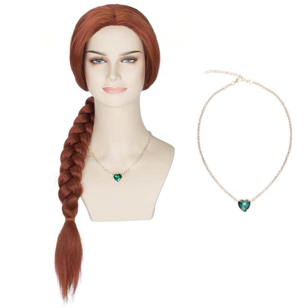 Yan Dream Women Princess Long Auburn Braided Wig and Necklace Cosplay Party Wig (big head)