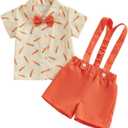 Thorn Tree Baby Boy Easter Outfit Bunny/ Carrot Button Down Shirts Suspender Shorts Newborn Infant Summer Clohtes Cute Outfits (Orange, 6-12 Months)