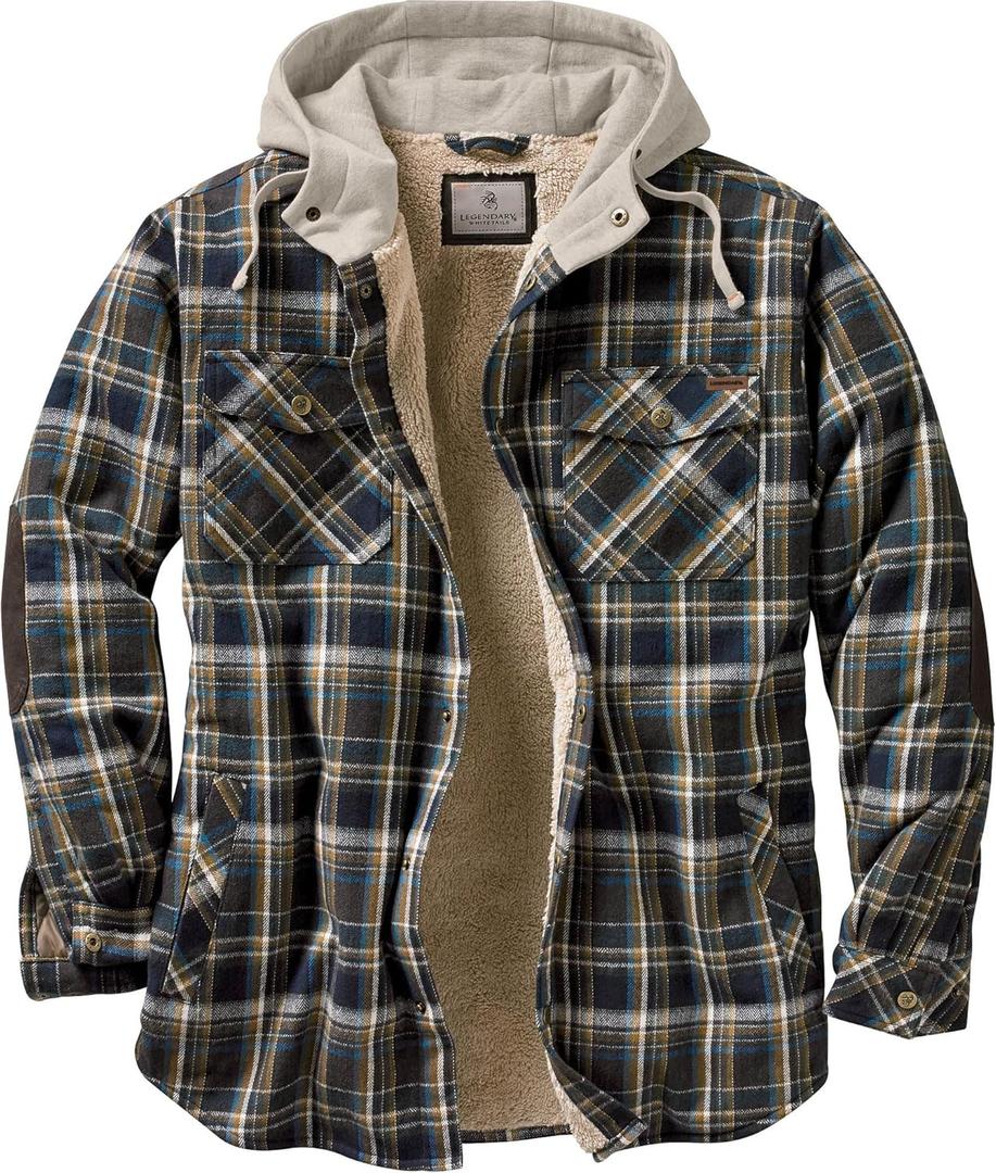 Legendary Whitetails Men's Hooded Shirt Jacket Plaid Flannel Berber Lined Polyfill Insulated (5X-Large Big, Upland Blue and Brown Plaid)