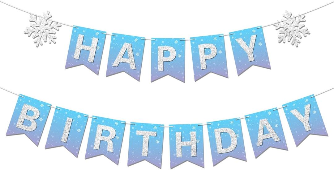 Winter Snowflake Happy Birthday Banner Prestrung intend for Girl Winter Wonderland Frozen Themed Birthday Party Decorations Blue Purple Silver