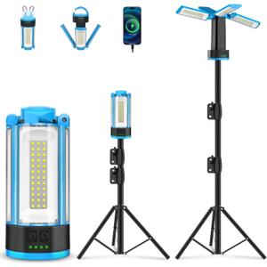 T-SUN Rechargeable 10400mAh Camping Light with Stand, Cordless Work Light with 4 LED Lamp Heads, Portable Light for 6000K Pure Cool White Focused Beam, Detachable Tripod & Storage Bag (Blue)