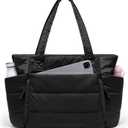 Tote Bag for Women with Zipper, Quilted Puffer Tote Bag with Compartments, Lightweight Puffy Work Bags for Women Travel (Black)