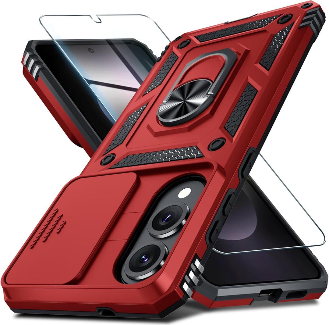 Janmitta Compatible with Samsung Galaxy S25 Edge Case Built in Slide Camera Lens Cover+Screen Protector+Finger Ring Holder Kickstand,Heavy Duty Shockproof Full Body Phone Cover,2025 Red