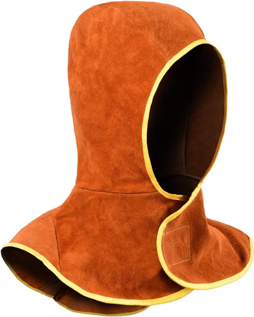 Welding Hood Leather - Cowhide Split Leather Welding Caps Protector with Neck Shoulder Drape - Full Head Cover Protection for Men & Women, Brown