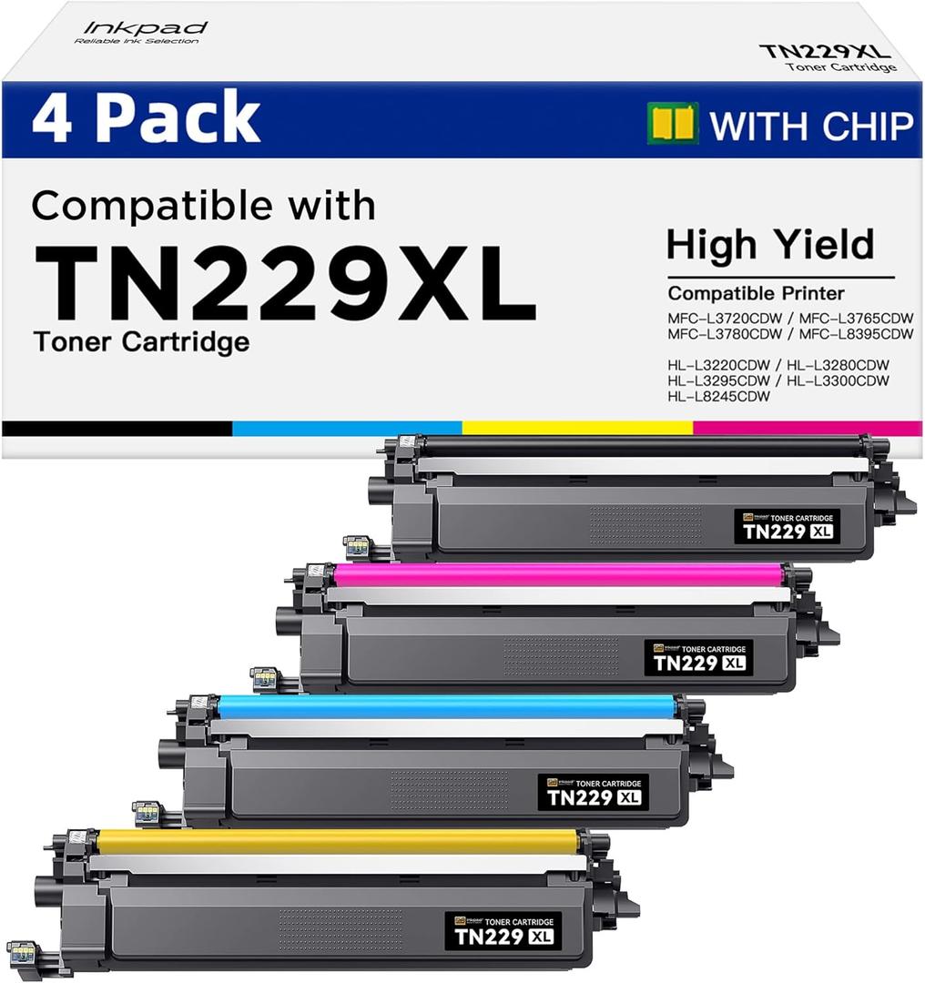 Compatible TN229XL TN229 Toner Cartridges for MFC-L3780CDW HL-3280CDW Replacement with Brother TN229XL TN-229XL TN-229 229XL Work with MFC-L3720CDW HL-L3220CDW HL-L3300CDW Printers (4 Pack, Bk/C/M/Y)
