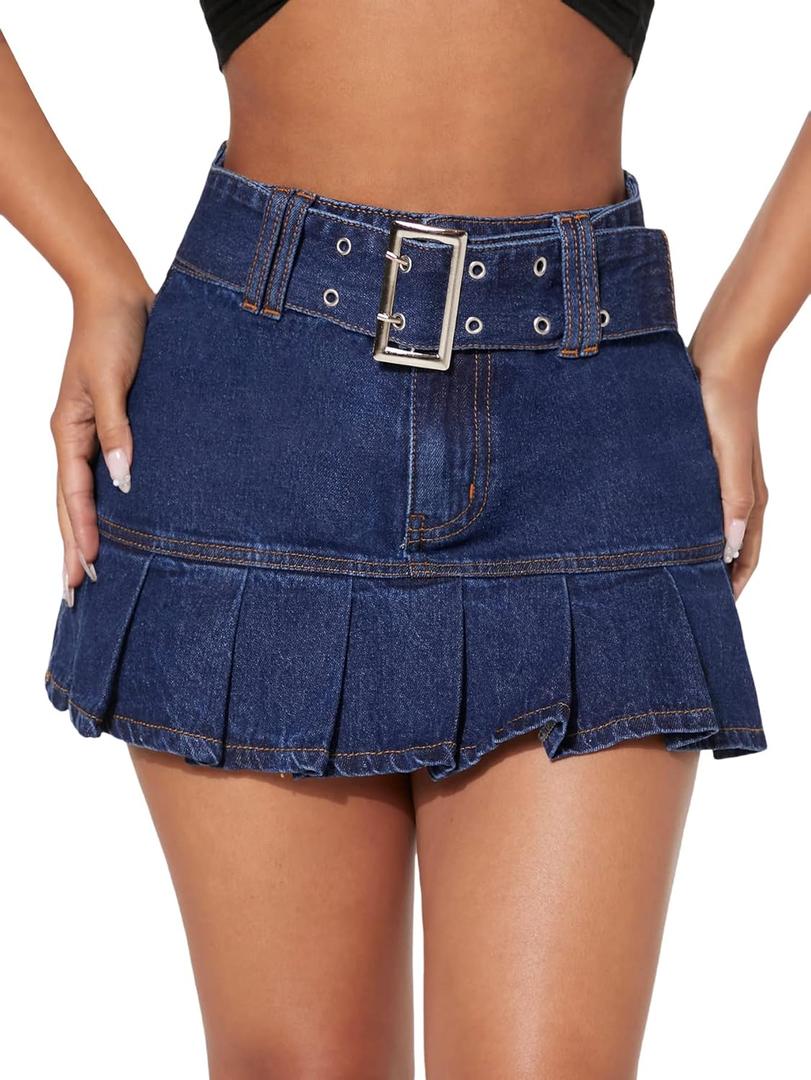 WDIRARA Women's Petite High Waisted Pleated A Line Belted Ruffle Y2k Denim Mini Skirt, Size XS 