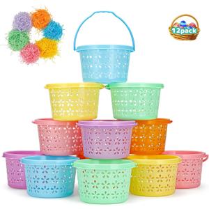 12 Pack Easter Baskets for Kids, 8.6" Plastic Easter Bags with Handles, Easter Bucket Bags Filled with Grass for Easter Egg Hunt, Perfect Theme Party Favors