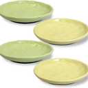 Fhiny 4PCS Cat Food Bowl,6" Ceramic Cat Dishes with Silicone Bottom Shallow Whisker Fatigue Kitten Texture Plates Set for Indoor Cats Non-Slip Wide Kitten Whisker Friendly Bowls, Beige & Green