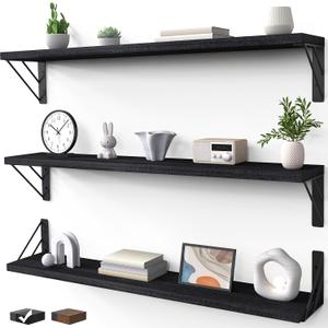 BAYKA Wall Mounted Floating Shelves, Wood Floating Wall Shelf for Books & Decor, Small Space-Saving Display & OrganizerBlack36inSet of 3, 36-inch Extended