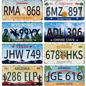 GLOBLELAND 8 Pcs Vintage License Plate Sign Sets 11.8×5.9 inch Iconic Plaque Poster Retro Metal Wall Decorative Tin Signs for Man Cave Home Bar Coffee Shop Club Bohemian Room Decoration