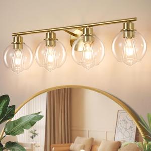 Bathroom Vanity Light, 29.5 Inch Modern Wall Sconce with Clear Glass Shade, 4-Light Gold Over Mirror Vanity Lighting for Bathroom