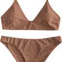 ZAFUL Women's Solid Spaghetti Strap Bralette Bikini Set Two Piece Swimsuit (Large, 1-brown)