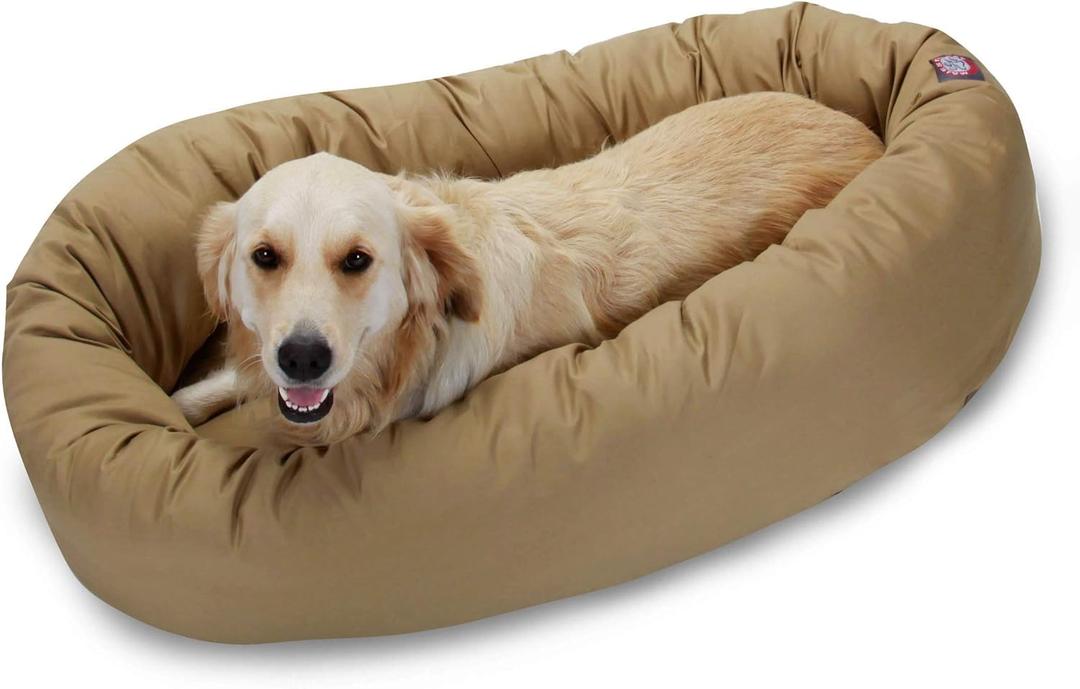 Majestic Pet 40 Inch Bagel Calming Dog Bed Washable  Cozy Soft Round Pet Bed with Spine Support for Dogs to Rest their Head - Fluffy Donut Puppy Bed 40x29x9 (Inch) - Large  Khaki