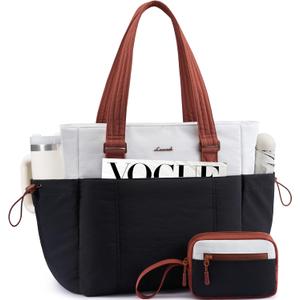 LOVEVOOK Tote Bag for Women, Puffy Work Tote with Large Cup Holder, Quilted Laptop Bag Travel Tote Shoulder Bag Handbag