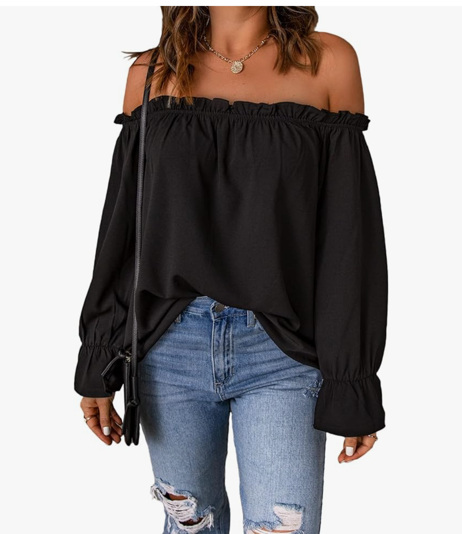 Women's Off Shoulder Top Ruffle Long Sleeve Chiffon Blouse Casual Loose Shirts L
