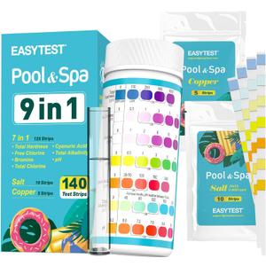 EASYTEST 9-Way Pool Test Strips, 140 Strips for Hot tub and Spa, Accurate Testing pH, Total Chlorine, Free Chlorine, Bromine, Alkalinity, Total Hardness, Cyanuric Acid, Salt and Copper