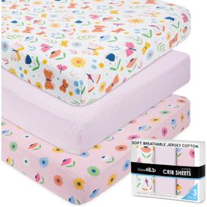GROW WILD Butterflies & Flowers Fitted Crib Sheets Girl (3 Pack) - Soft Jersey Cotton Fitted Sheet, Toddler Bed Mattress & Baby Crib Bedding Set for Girls, Baby Girl Nursery Crib - Pink & White