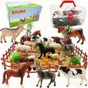 BOLZRA Farm Animal Figurines, Realistic Plastic Animals Toys with Fences Building Blocks, Farm Figures Playset Educational Christmas Birthday Gift for Kids & Toddlers, 53 PCS