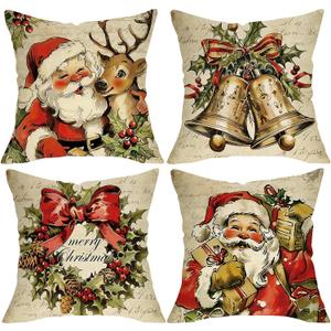Christmas Santa Claus Decorative Throw Pillow Covers 20 x 20 Set of 4, Vintage Xmas Jingle Bell Wreath Reindeer Porch Outdoor Home Decor, Retro Winter Holiday Sofa Couch Cushion Case