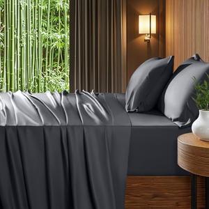 Shilucheng Extra Deep Pocket Queen Sheets, Blend Rayon Derived from Bamboo_, Cooling & Breathable Bed Sheets Fits 18"-24" Thick Mattress, Hotel Silky Bedding Set, Dark Grey