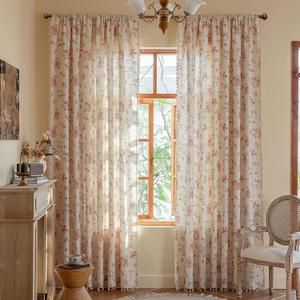 OYX Pink Boho Floral Curtains 63 Inch Long 2 panels, French Vintage Farmhouse Patterned Decor Window Drapes With Tassels, Girls Semi-Sheer Light Filtering For Bedroom Living Room (Rod Pocket, 52Wx63L)