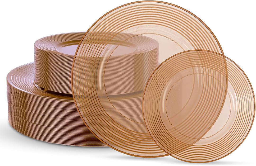 FLOWERCAT 100PCS Clear Brown Plastic Plates - Heavy Duty Plastic Plates Disposable for party &Wedding - Serve for 50Guests party (10inch & 7inch)(Mocha Mousse)