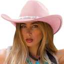 DRESHOW Glitter Cowboy Hat Classic Western Rhinestone Cowgirl Hat Outdoor Wide Brim Retro Felt Fedora Hats Rolled up Caps (Pink)