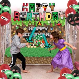 73Pcs Pixel Game Birthday Party Decorations for Boys, Pixel party supplies Kit, Gaming-Themed Birthday supplies Set including Banner, Tablecloth, Sword Foil Balloons, Cupcake Toppers.