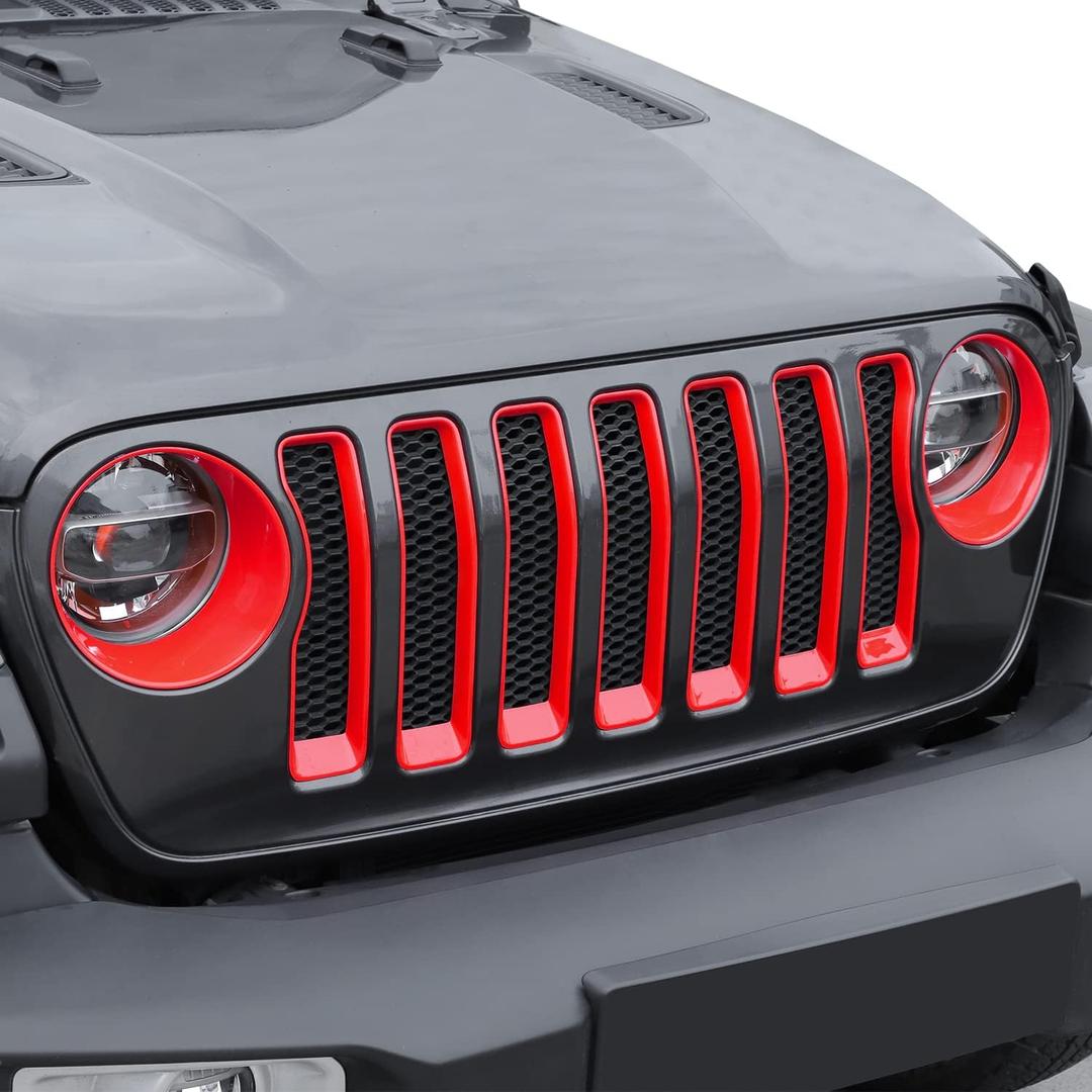 JeCar Front Grill Inserts & Headlight Cover Kit Compatible with Jeep Wrangler 2018-2023 JL & Unlimited, Red