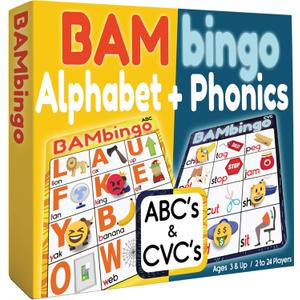 THE BAMBINO TREE Alphabet and Phonics Bingo - ABC Learning Letter Recognition and CVC Words with Pictures - Phonics Games for Kids Ages 3-7 yrs Preschool Kindergarten