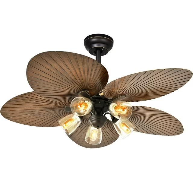 DWVO Tropical 52in Palm Leaf Ceiling Fans with Light and Remote,Glass Light Kit, Fan Light With 5 Blades,3 Speed, 4 Timer - Dark wood grain