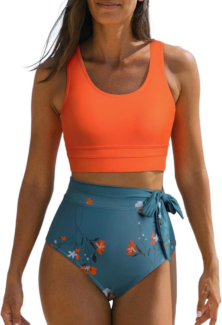 Dokotoo Womens 2 Piece Swimsuit Scoop Neck Sleeveless 2025 Racerback Top Tummy Control Tie Knot Bathing Suits Floral Bottoms (Blue, S)