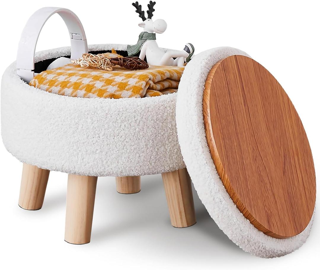 Wimarsbon Storage Ottoman, Modern Round Footrest with Soft Padded Seat, Teddy Velvet Footstool with Wood Legs, Accent Small Table or Plant Stand for Hallway, Living Room (Cream), 13"D x 13"W x 10.6"H