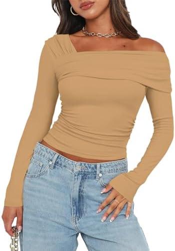 Women's One Off Shoulder Long Sleeve Top Casual Going Out Y2K Tops Slim Fit T-Shirts Ruched Crop Top Small Women's One Off Shoulder Long Sleeve Top Casual Going Out Y2K Tops Slim Fit T-Shirts Ruched Crop Top Small