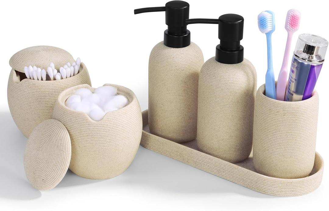 6-Piece Bathroom Accessories Set - Resin Bathroom Set, Lotion Dispenser, Tumbler, Vanity Tray, Cotton Swab Jars with Lids, Bathroom Organizer, Elegant Bath Decor for Home Dorm Hotel Countertop (Beige)