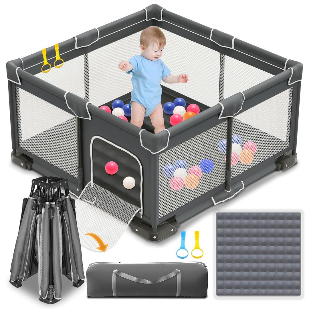 Foldable Playpen for Babies and Toddlers, 50x50 Inches Portable Playpen, Kids Collapsible Play Pen with 2 Handlers, Indoor & Outdoor Baby Fence Play Area with Visible Mesh, Dark Gray