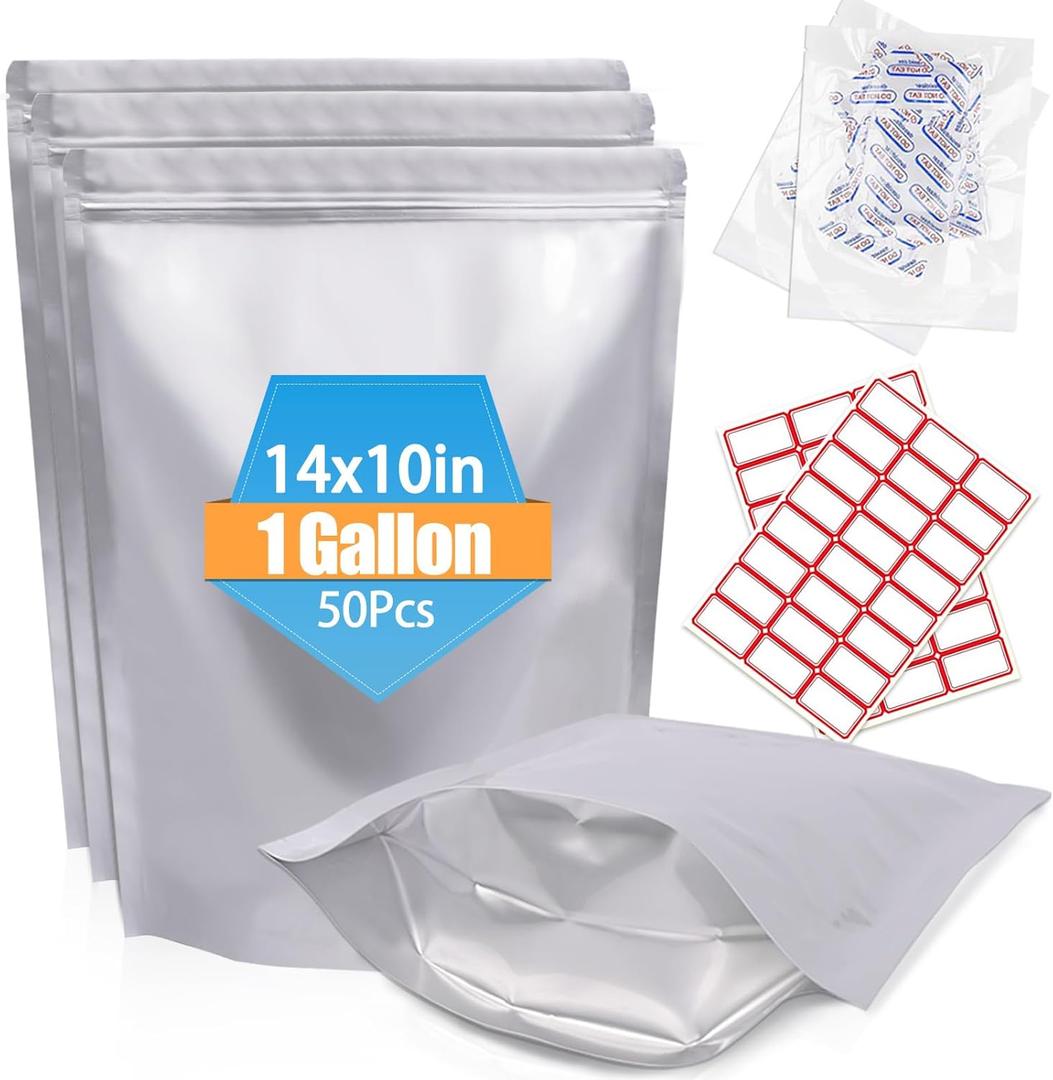 50PCS 1Gallon 10"X14" Mylar Bags for Food Storage with Oxygen Absorbers&Lables,10 Mil Thick Resealable Stand-Up Zipper&Heat Sealable Bags for Long Term Food Storage,Dried Food